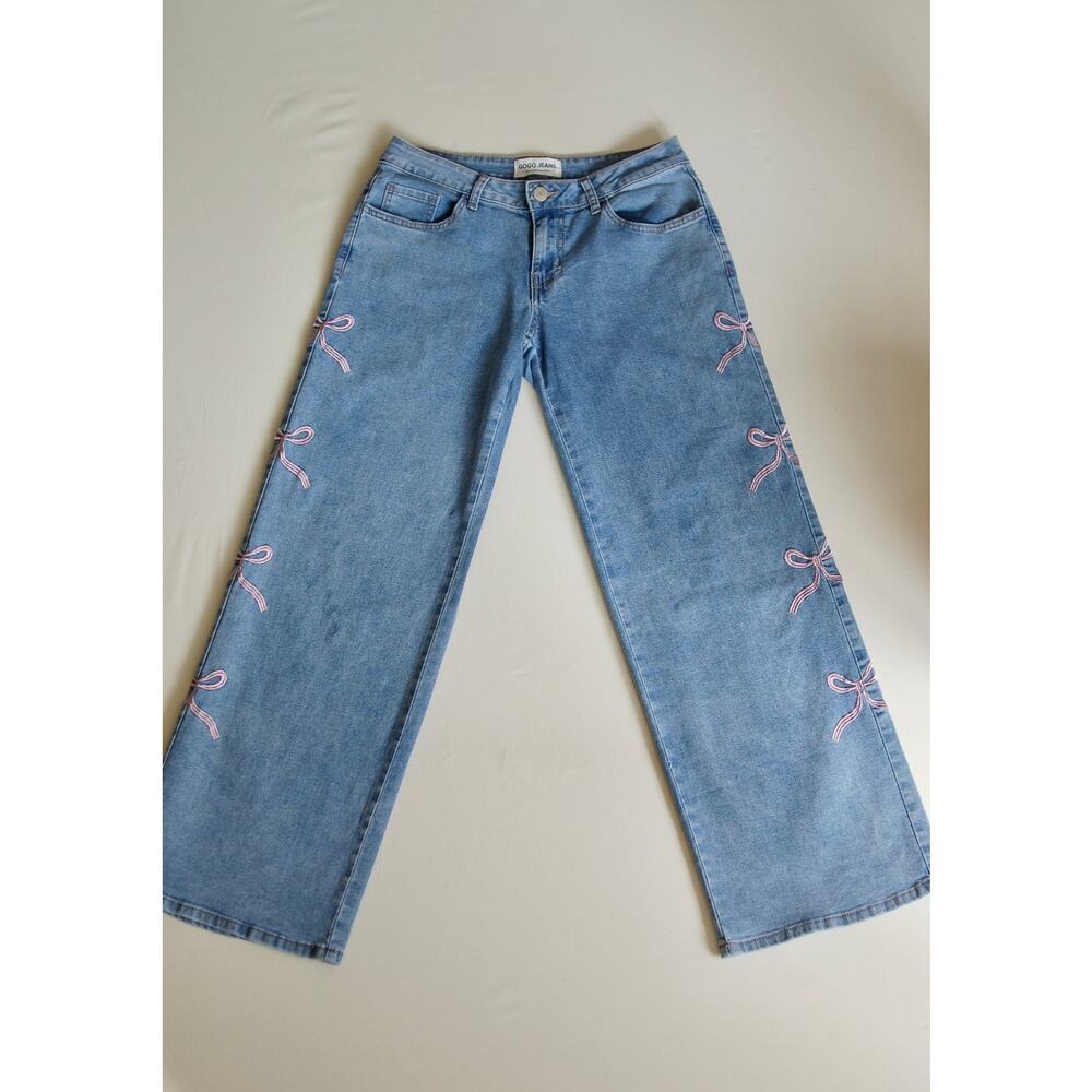 Gogo Jeans Mid-Rise Wide Leg Denim | Coquette Pink Bow Embroidered 🎀